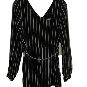 E&M‎ Striped Romper Long Sleeve Chain Belt V-Neck Black White Size L